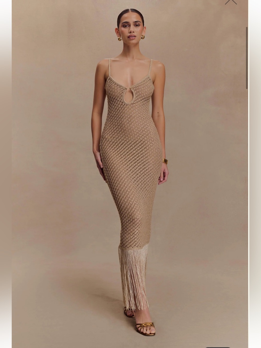 Meshki: Raelynn
Metallic Knit Fringe Midi Dress - Gold